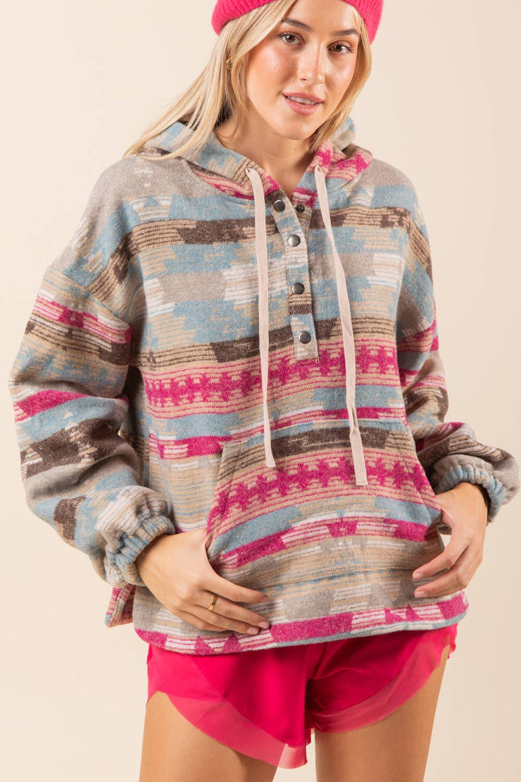 Aztec Hooded Boxy Cozy Woven Western Top