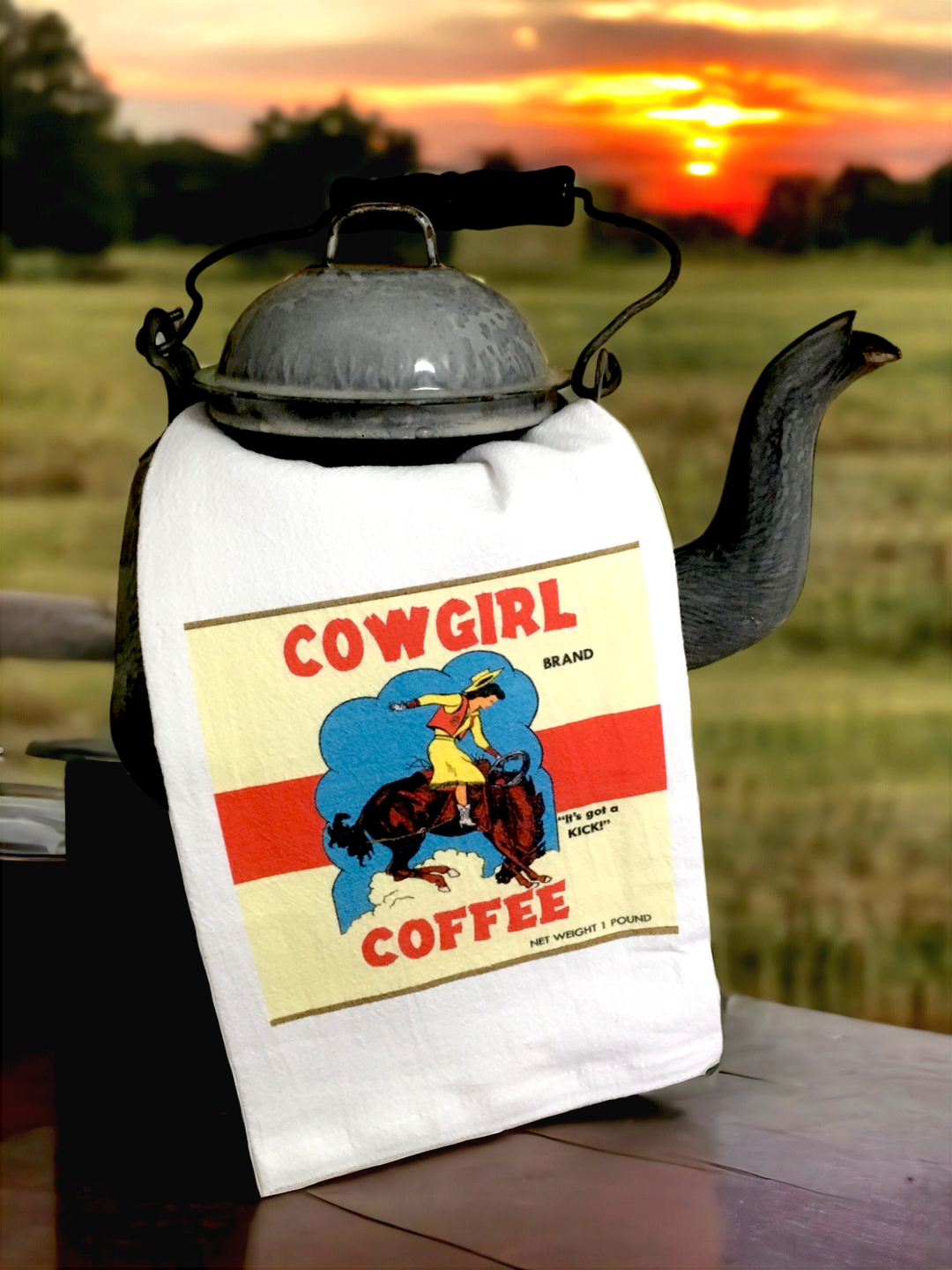 Cowgirl Coffee Retro Flour Sack Kitchen Towel