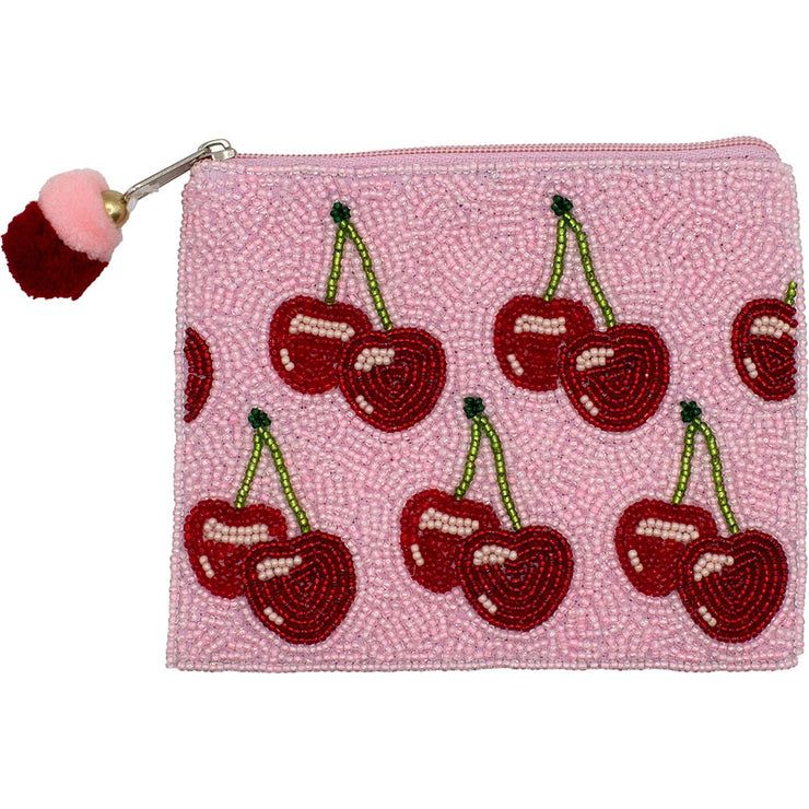 Pink Cherries Beaded Coin Pouch