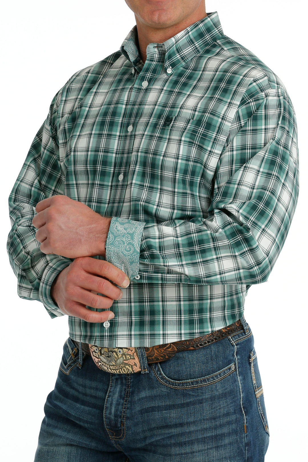 Cinch - Men's Long Sleeve Shirt - White/Green Plaid