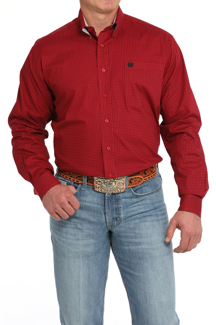 Cinch Men's Long Sleeve Shirt - Geometric Print Red