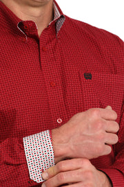 Cinch Men's Long Sleeve Shirt - Geometric Print Red