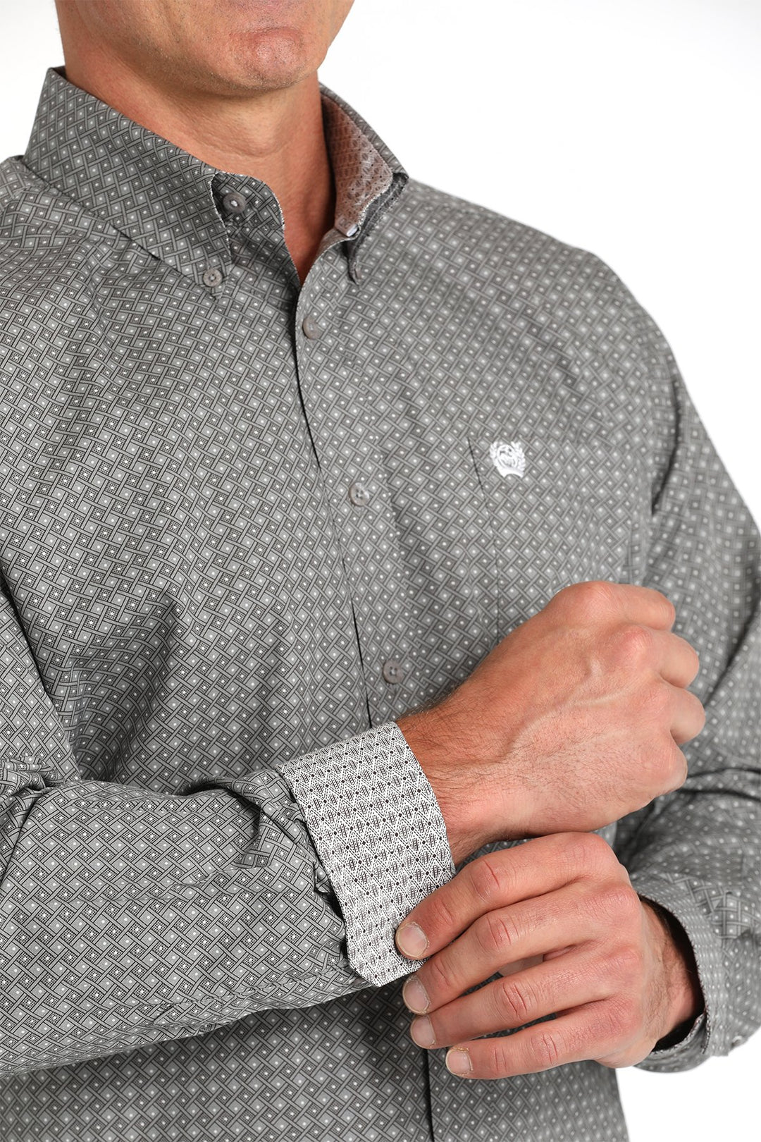 Cinch Men's Long Sleeve Shirt - Geometric Print (Gray)