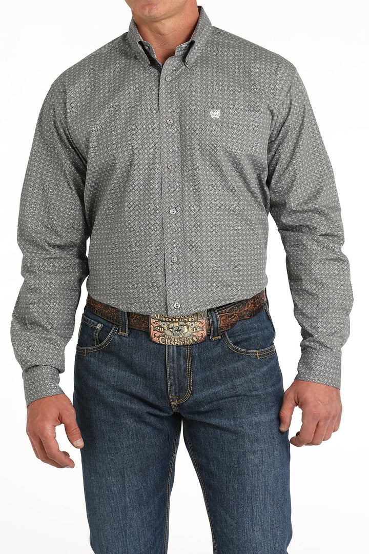 Cinch Men's Long Sleeve Shirt - Geometric Print (Gray)