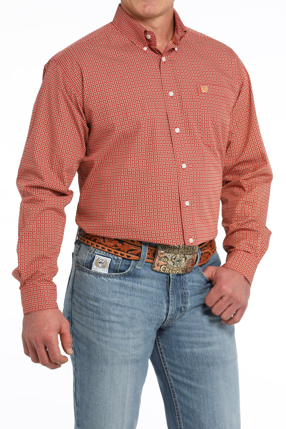 Cinch Men's Long Sleeve Shirt - Geometric Print (Red)