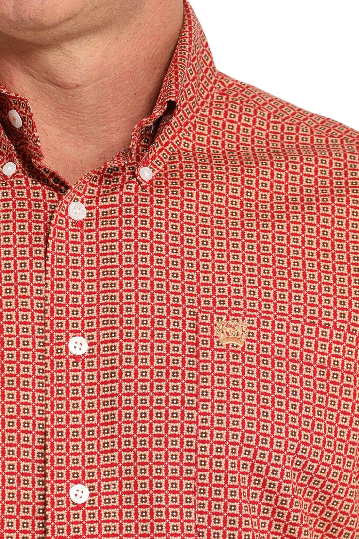 Cinch Men's Long Sleeve Shirt - Geometric Print (Red)