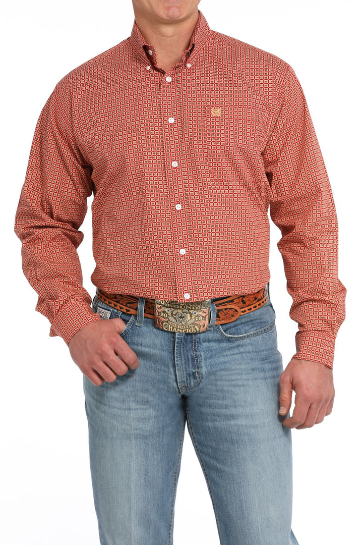 Cinch Men's Long Sleeve Shirt - Geometric Print (Red)