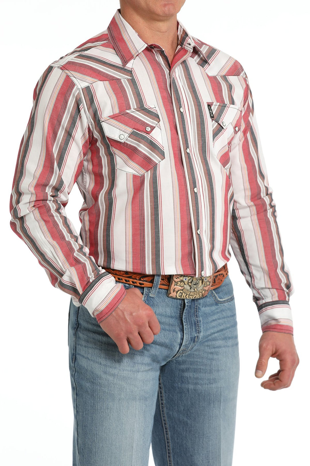 Cinch Men's Long Sleeve Modern Fit Stripe Snap Front - White