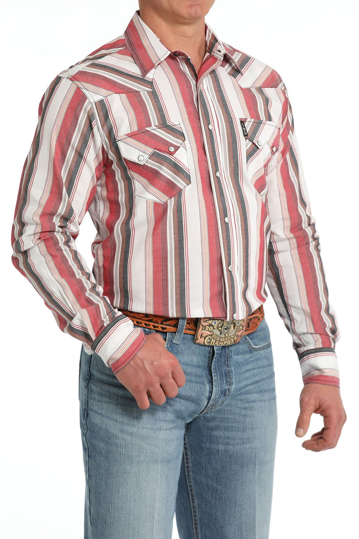 Cinch Men's Long Sleeve Modern Fit Stripe Snap Front - White