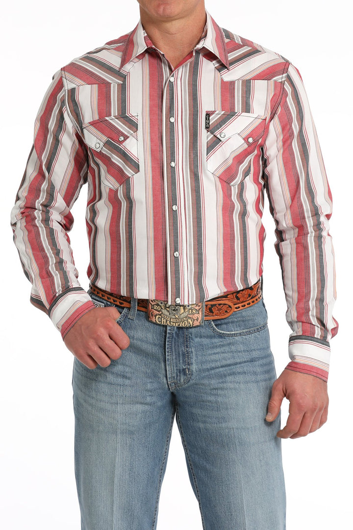 Cinch Men's Long Sleeve Modern Fit Stripe Snap Front - White