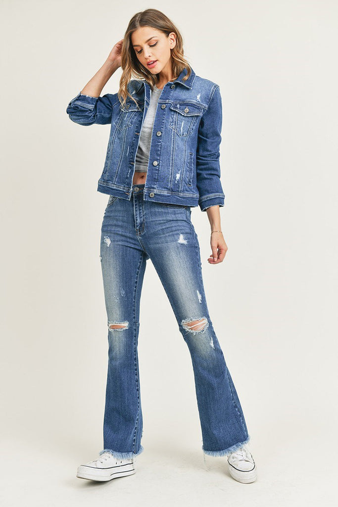 Risen Jeans- High Rise Distressed Raw Hem Flare